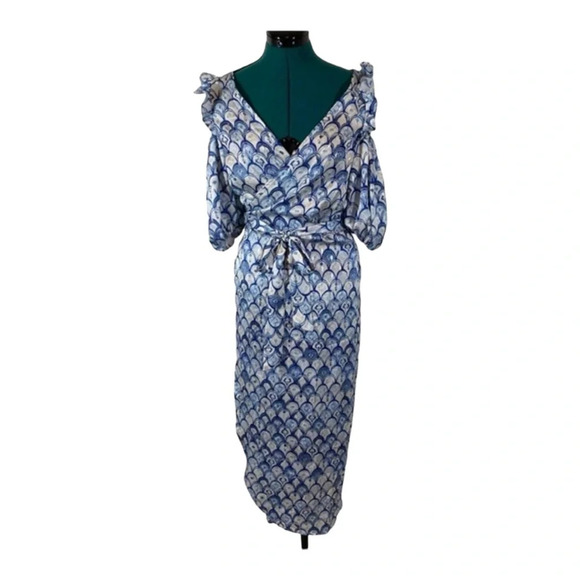 Never Fully Dressed Metallic Blue Marble Cold Shoulder Wrap Dress - Picture 4 of 7